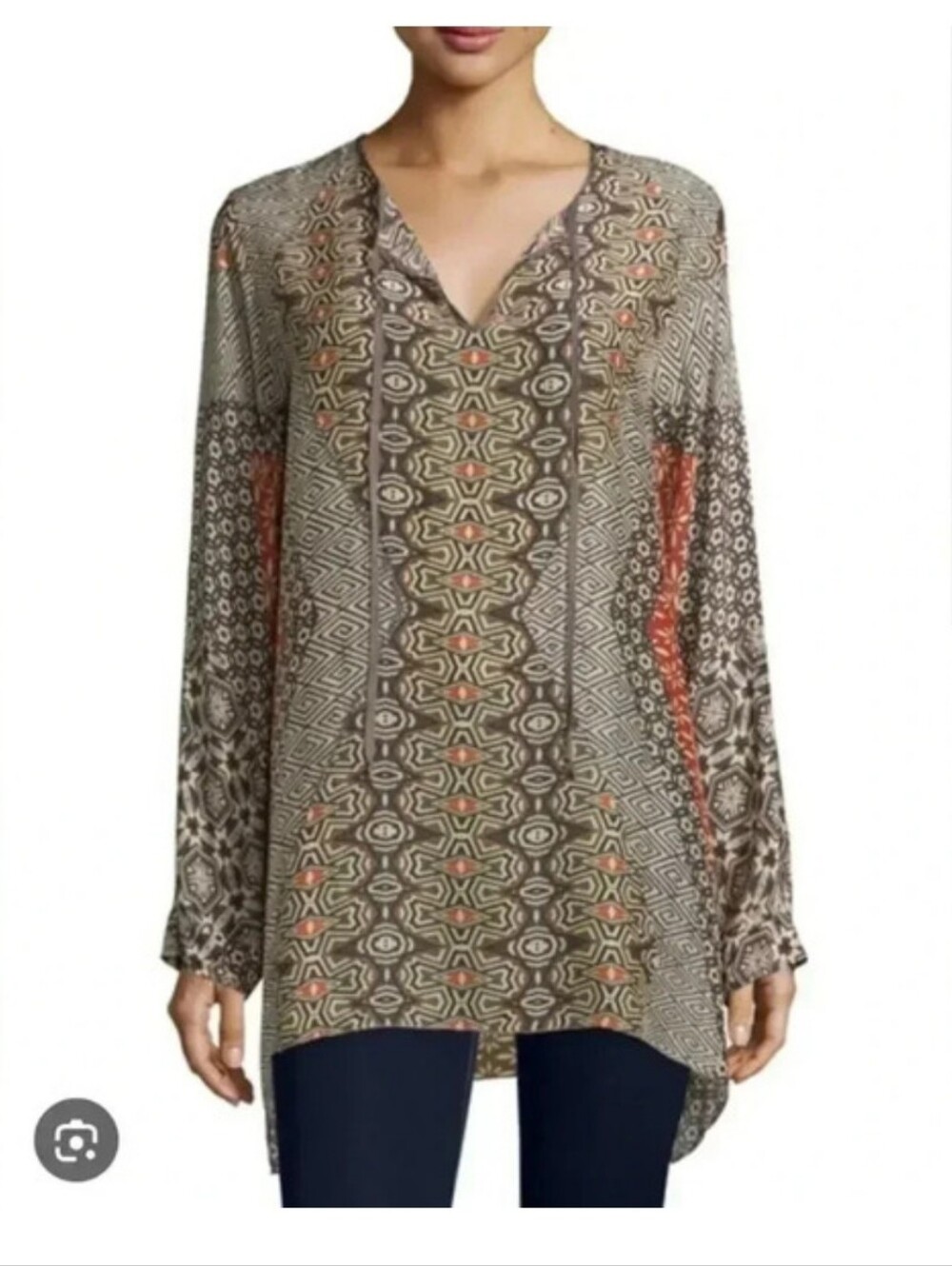 Johnny Was Breeland Printed Red Black Cream Geo-Print V-Neck Tunic